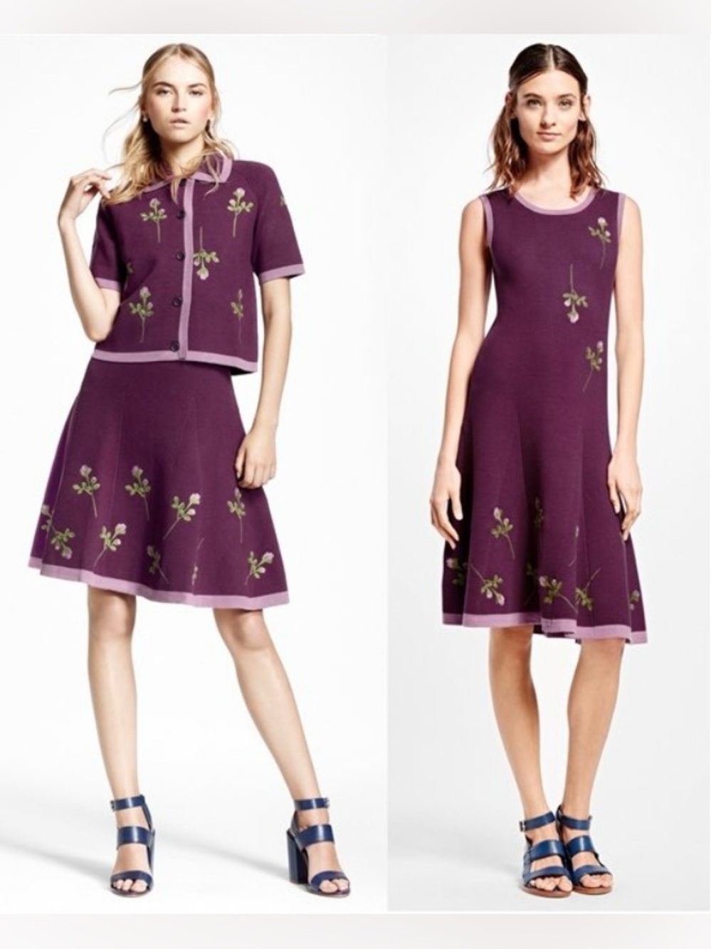Brooks Brothers Floral Embroidered Silk Blend Dress & Cardigan Set L Plum